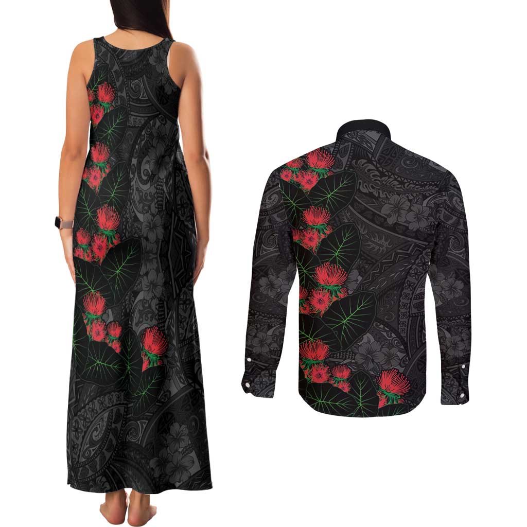 Hawaiian Taro Leaves and Ohia Lehua Couples Matching Tank Maxi Dress and Long Sleeve Button Shirt Polynesian Tribal Art Tropical Plants Motifs Grayscale