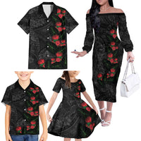 Hawaiian Taro Leaves and Ohia Lehua Family Matching Off The Shoulder Long Sleeve Dress and Hawaiian Shirt Polynesian Tribal Art Tropical Plants Motifs Grayscale