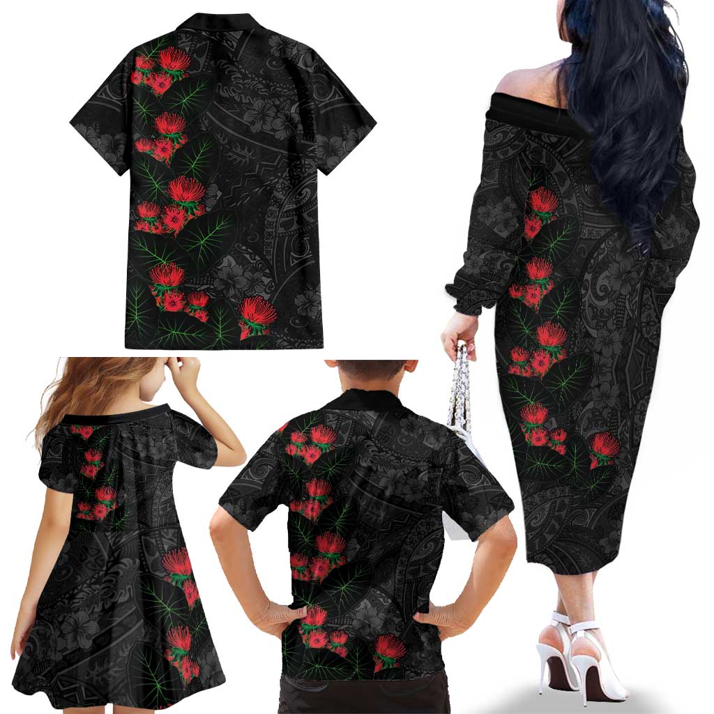 Hawaiian Taro Leaves and Ohia Lehua Family Matching Off The Shoulder Long Sleeve Dress and Hawaiian Shirt Polynesian Tribal Art Tropical Plants Motifs Grayscale