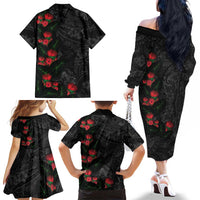 Hawaiian Taro Leaves and Ohia Lehua Family Matching Off The Shoulder Long Sleeve Dress and Hawaiian Shirt Polynesian Tribal Art Tropical Plants Motifs Grayscale