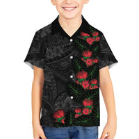 Hawaiian Taro Leaves and Ohia Lehua Family Matching Off The Shoulder Long Sleeve Dress and Hawaiian Shirt Polynesian Tribal Art Tropical Plants Motifs Grayscale