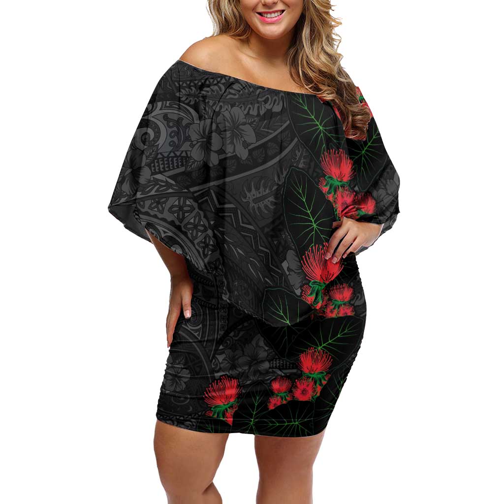 Hawaiian Taro Leaves and Ohia Lehua Family Matching Off Shoulder Short Dress and Hawaiian Shirt Polynesian Tribal Art Tropical Plants Motifs Grayscale