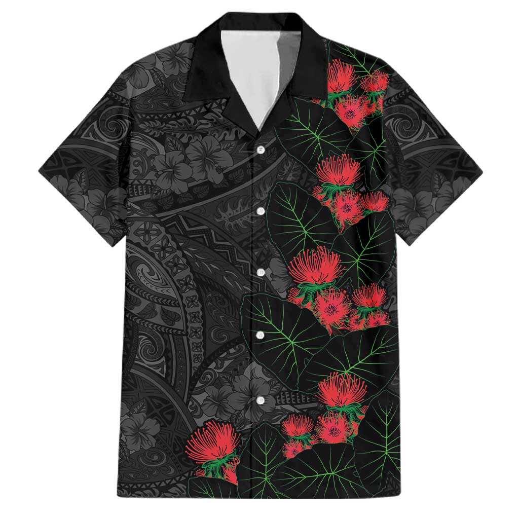 Hawaiian Taro Leaves and Ohia Lehua Family Matching Short Sleeve Bodycon Dress and Hawaiian Shirt Polynesian Tribal Art Tropical Plants Motifs Grayscale