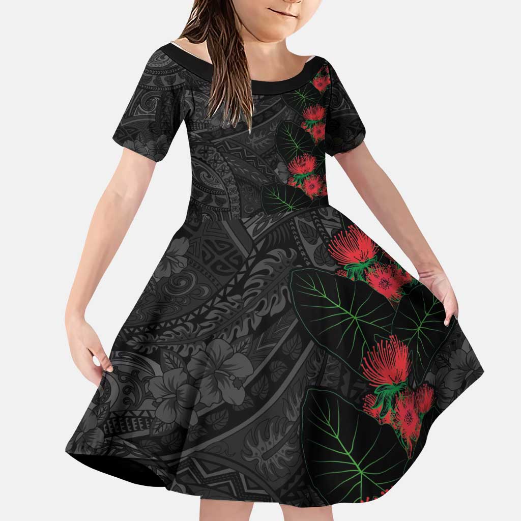 Hawaiian Taro Leaves and Ohia Lehua Family Matching Tank Maxi Dress and Hawaiian Shirt Polynesian Tribal Art Tropical Plants Motifs Grayscale