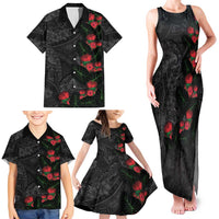 Hawaiian Taro Leaves and Ohia Lehua Family Matching Tank Maxi Dress and Hawaiian Shirt Polynesian Tribal Art Tropical Plants Motifs Grayscale