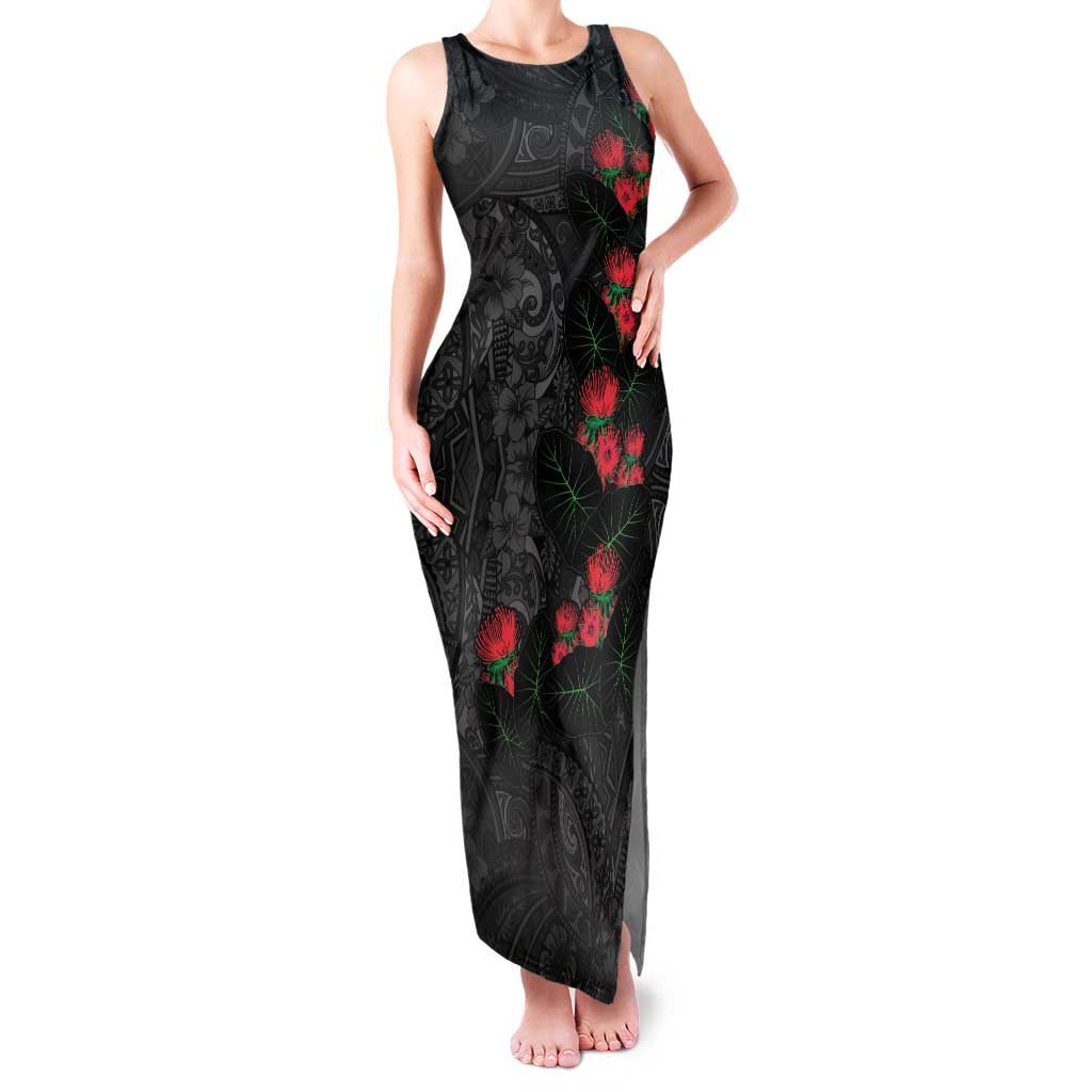 Hawaiian Taro Leaves and Ohia Lehua Family Matching Tank Maxi Dress and Hawaiian Shirt Polynesian Tribal Art Tropical Plants Motifs Grayscale