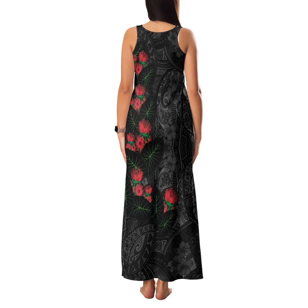 Hawaiian Taro Leaves and Ohia Lehua Family Matching Tank Maxi Dress and Hawaiian Shirt Polynesian Tribal Art Tropical Plants Motifs Grayscale