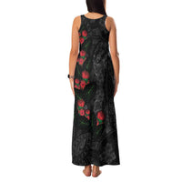 Hawaiian Taro Leaves and Ohia Lehua Family Matching Tank Maxi Dress and Hawaiian Shirt Polynesian Tribal Art Tropical Plants Motifs Grayscale