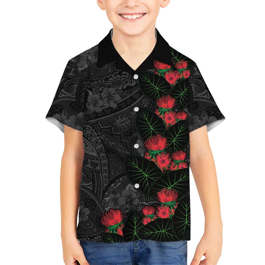 Hawaiian Taro Leaves and Ohia Lehua Family Matching Tank Maxi Dress and Hawaiian Shirt Polynesian Tribal Art Tropical Plants Motifs Grayscale