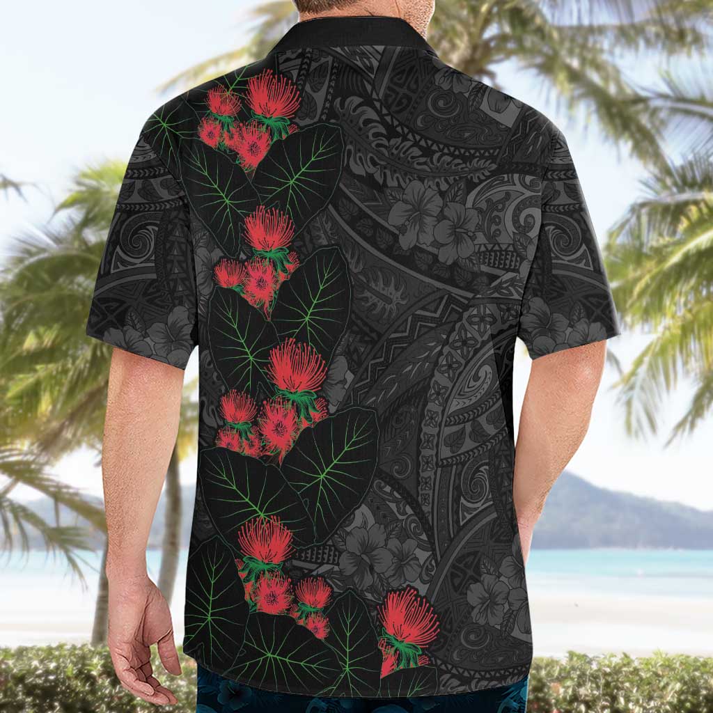 Hawaiian Taro Leaves and Ohia Lehua Hawaiian Shirt Polynesian Tribal Art Tropical Plants Motifs Grayscale