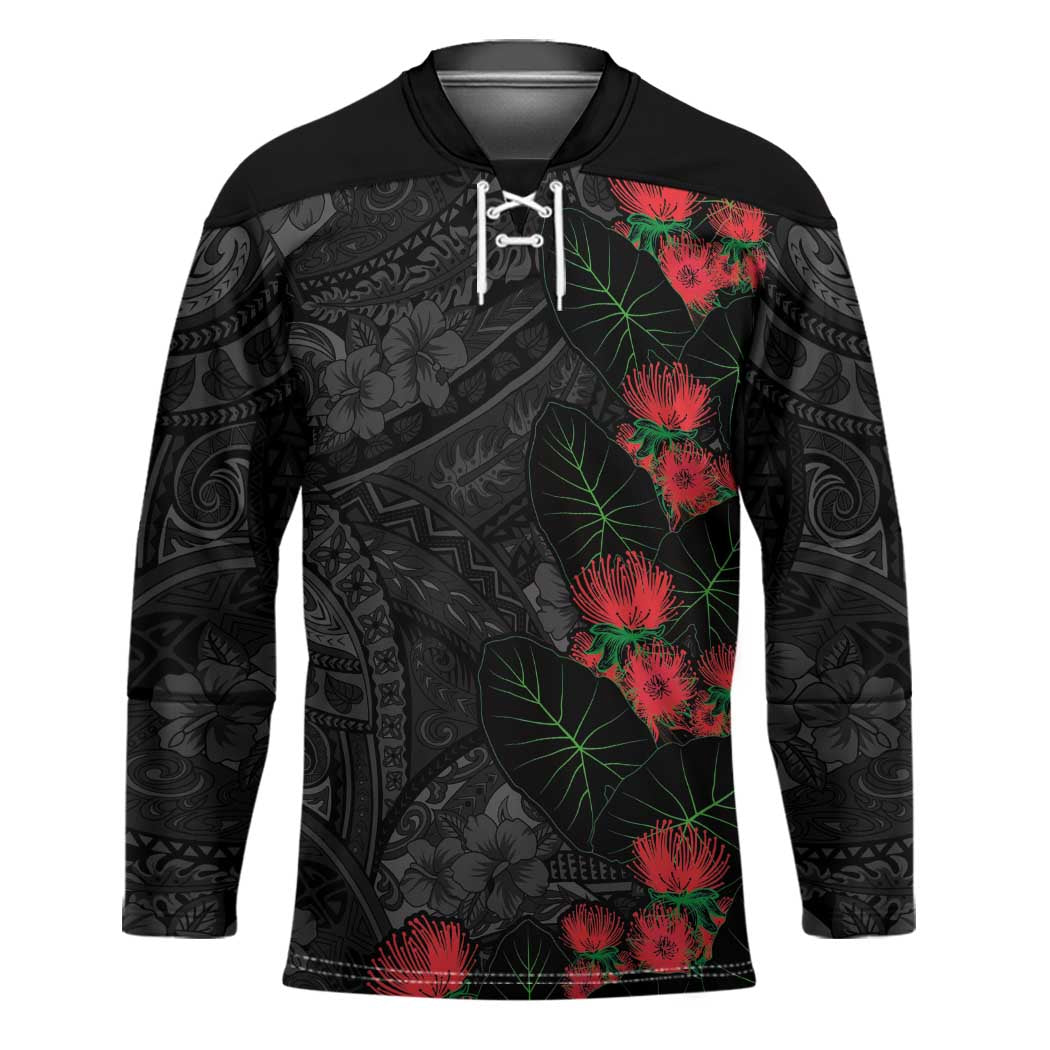 Hawaiian Taro Leaves and Ohia Lehua Hockey Jersey Polynesian Tribal Art Tropical Plants Motifs Grayscale