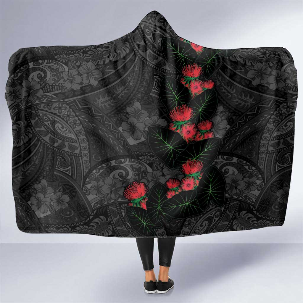Hawaiian Taro Leaves and Ohia Lehua Hooded Blanket Polynesian Tribal Art Tropical Plants Motifs Grayscale