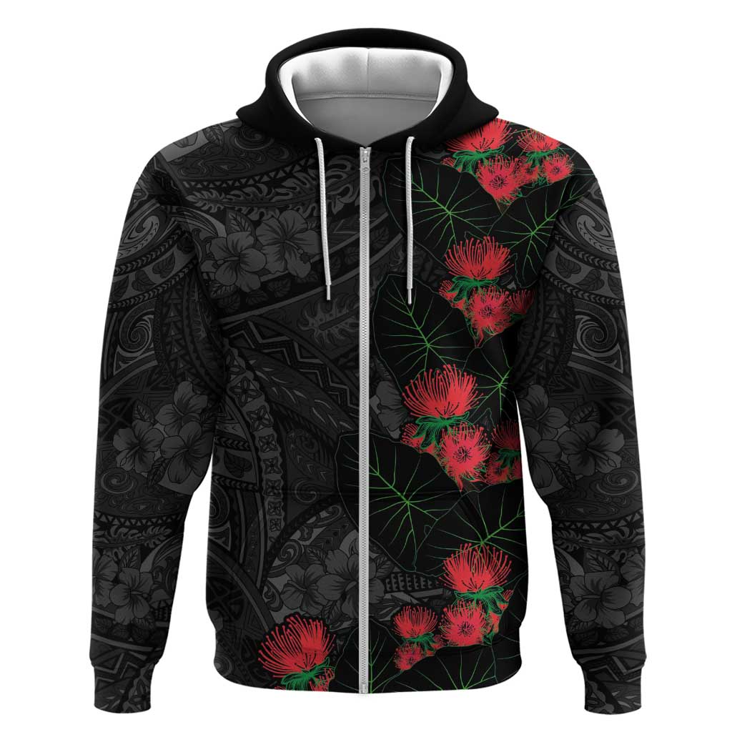 Hawaiian Taro Leaves and Ohia Lehua Hoodie Polynesian Tribal Art Tropical Plants Motifs Grayscale
