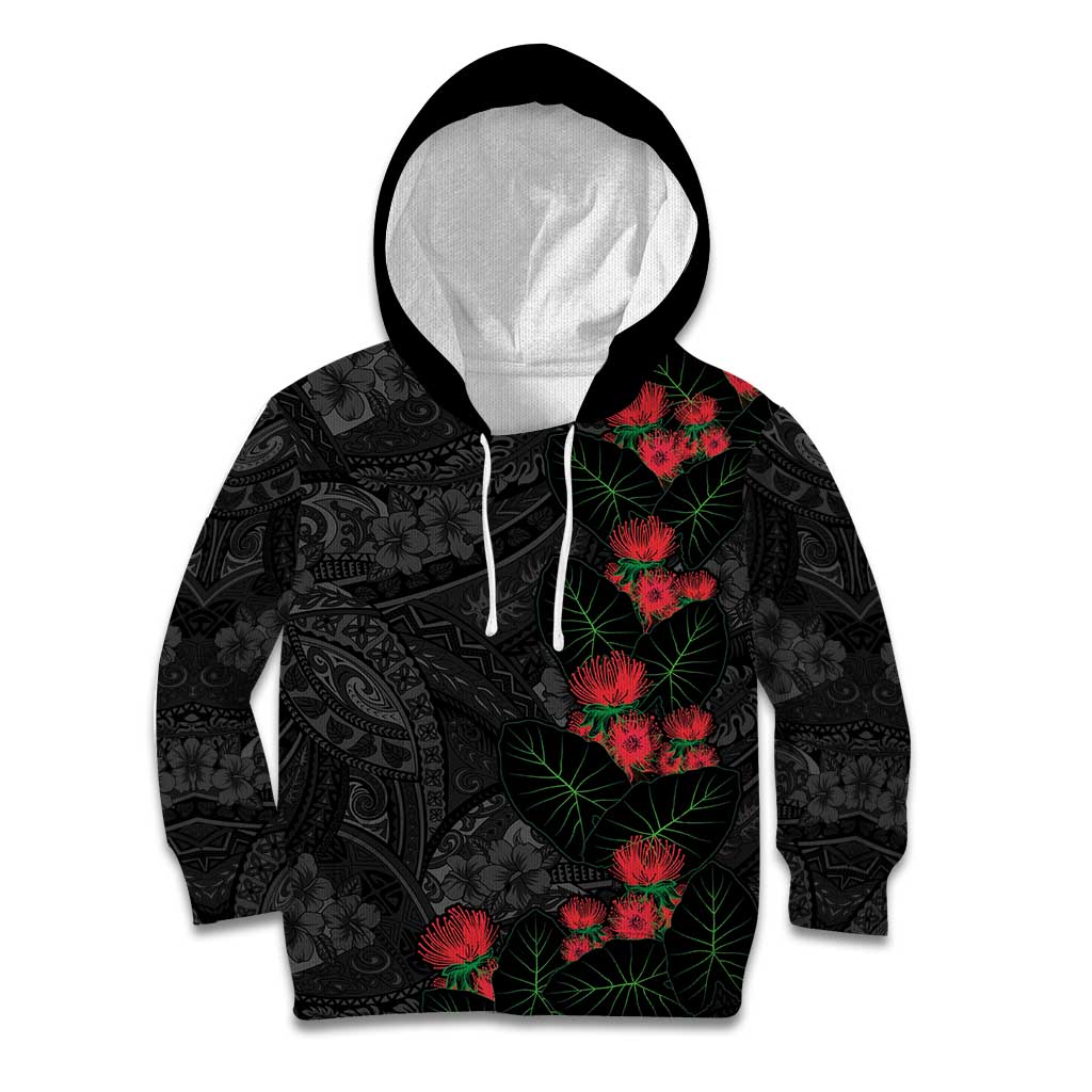 Hawaiian Taro Leaves and Ohia Lehua Kid Hoodie Polynesian Tribal Art Tropical Plants Motifs Grayscale