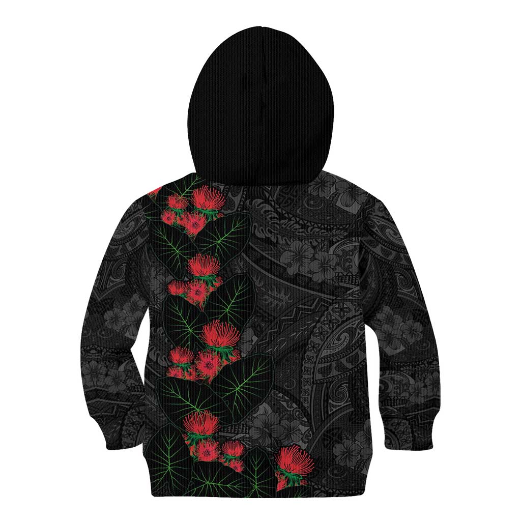 Hawaiian Taro Leaves and Ohia Lehua Kid Hoodie Polynesian Tribal Art Tropical Plants Motifs Grayscale