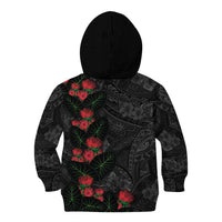 Hawaiian Taro Leaves and Ohia Lehua Kid Hoodie Polynesian Tribal Art Tropical Plants Motifs Grayscale
