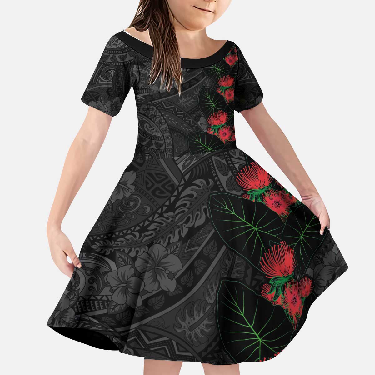 Hawaiian Taro Leaves and Ohia Lehua Kid Short Sleeve Dress Polynesian Tribal Art Tropical Plants Motifs Grayscale LT03 KID Multicolor - Polynesian Pride