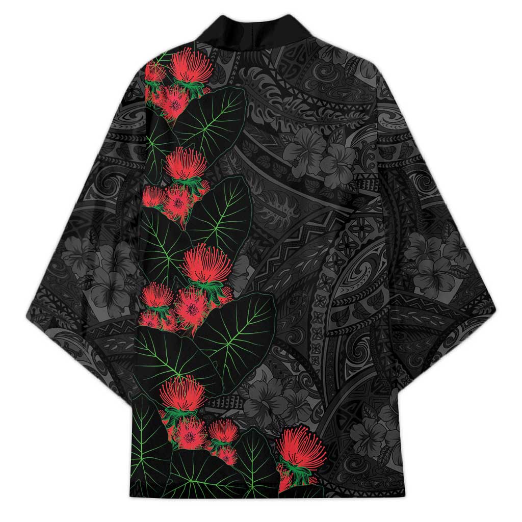 Hawaiian Taro Leaves and Ohia Lehua Kimono Polynesian Tribal Art Tropical Plants Motifs Grayscale