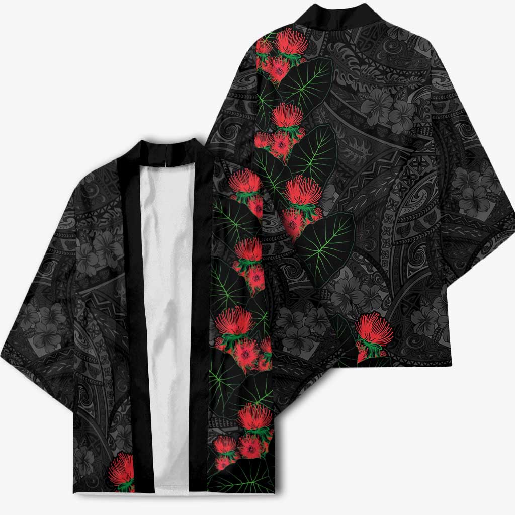 Hawaiian Taro Leaves and Ohia Lehua Kimono Polynesian Tribal Art Tropical Plants Motifs Grayscale