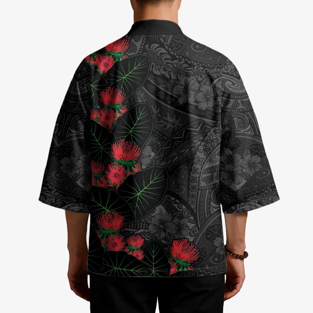 Hawaiian Taro Leaves and Ohia Lehua Kimono Polynesian Tribal Art Tropical Plants Motifs Grayscale