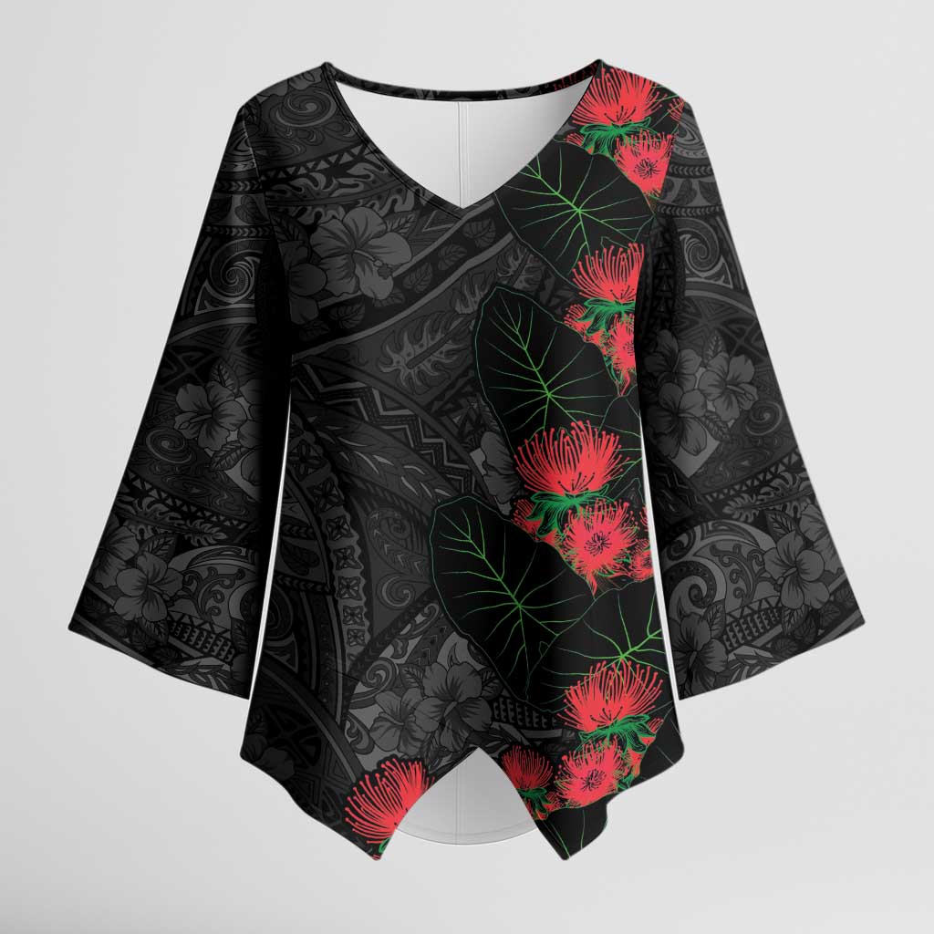 Hawaiian Taro Leaves and Ohia Lehua Kimono Sleeve Blouse Polynesian Tribal Art Tropical Plants Motifs Grayscale