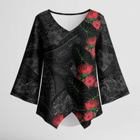 Hawaiian Taro Leaves and Ohia Lehua Kimono Sleeve Blouse Polynesian Tribal Art Tropical Plants Motifs Grayscale