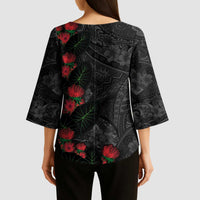 Hawaiian Taro Leaves and Ohia Lehua Kimono Sleeve Blouse Polynesian Tribal Art Tropical Plants Motifs Grayscale