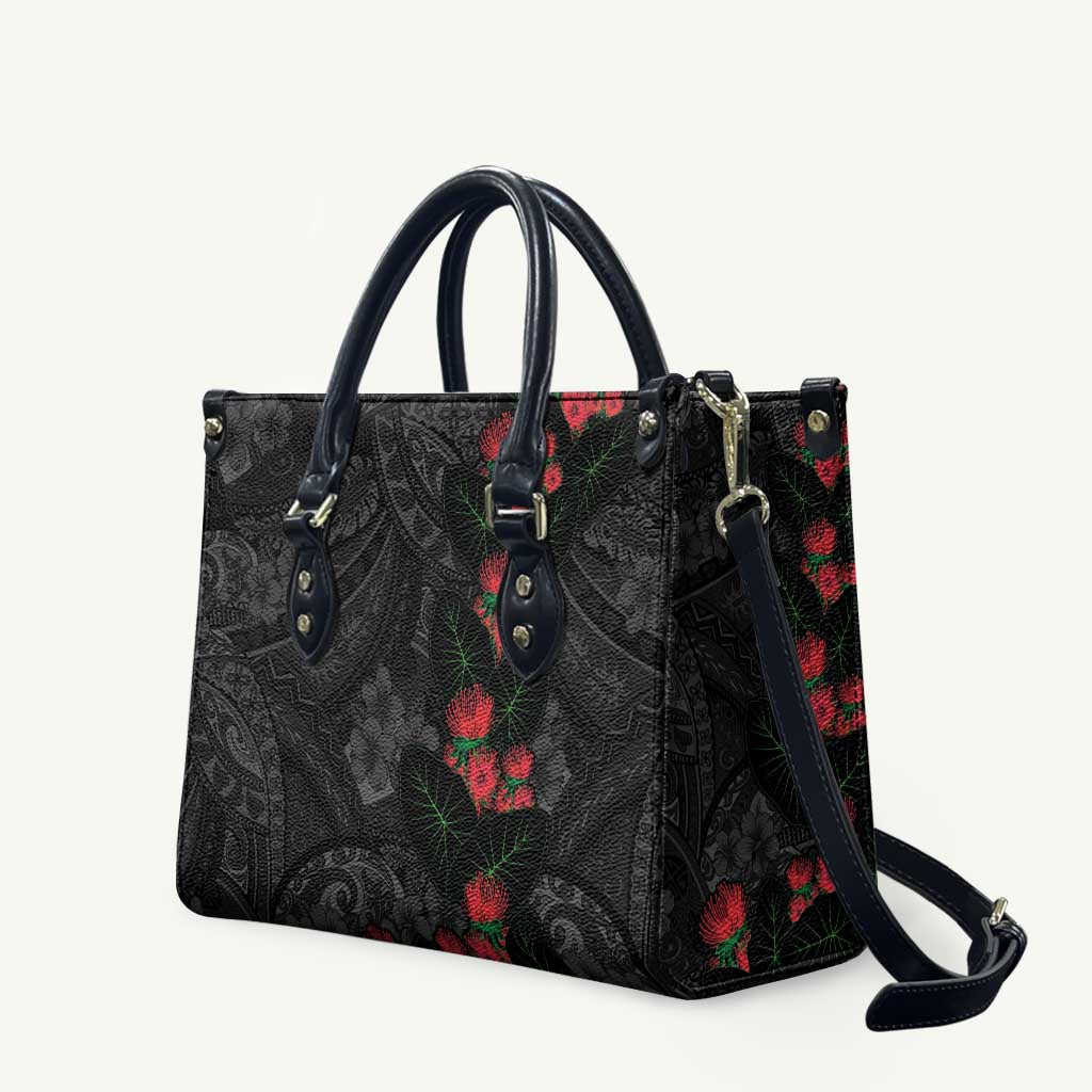 Hawaiian Taro Leaves and Ohia Lehua Leather Bag Polynesian Tribal Art Tropical Plants Motifs Grayscale
