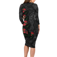 Hawaiian Taro Leaves and Ohia Lehua Long Sleeve Bodycon Dress Polynesian Tribal Art Tropical Plants Motifs Grayscale