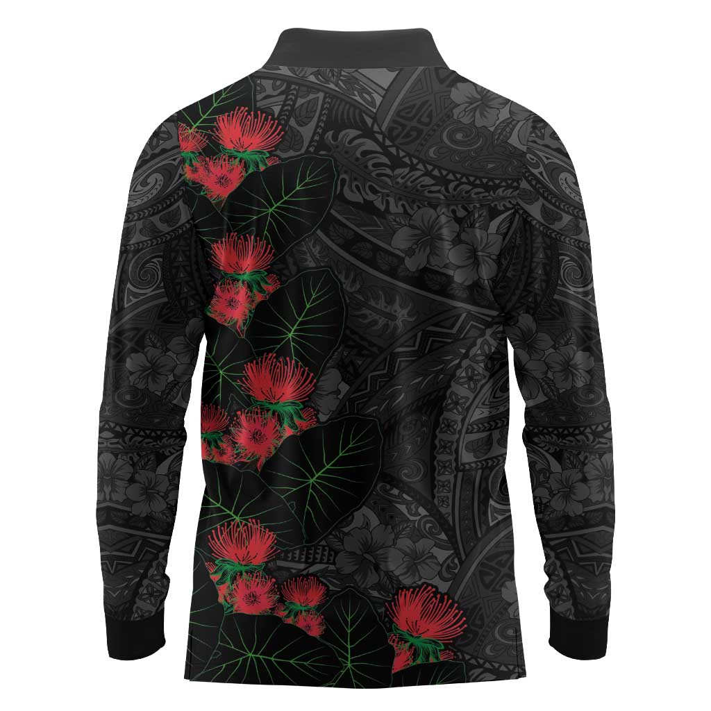 Hawaiian Taro Leaves and Ohia Lehua Long Sleeve Polo Shirt Polynesian Tribal Art Tropical Plants Motifs Grayscale