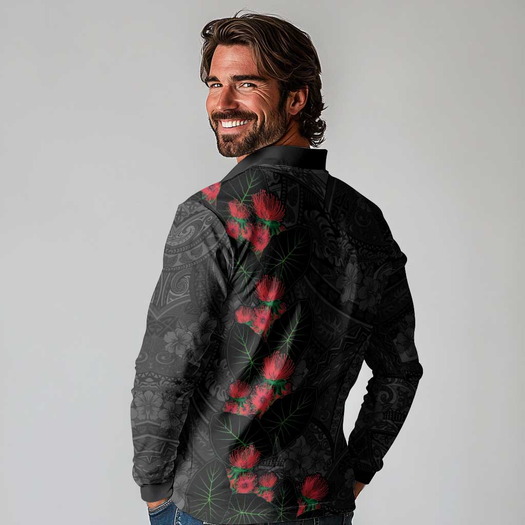 Hawaiian Taro Leaves and Ohia Lehua Long Sleeve Polo Shirt Polynesian Tribal Art Tropical Plants Motifs Grayscale