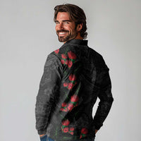 Hawaiian Taro Leaves and Ohia Lehua Long Sleeve Polo Shirt Polynesian Tribal Art Tropical Plants Motifs Grayscale