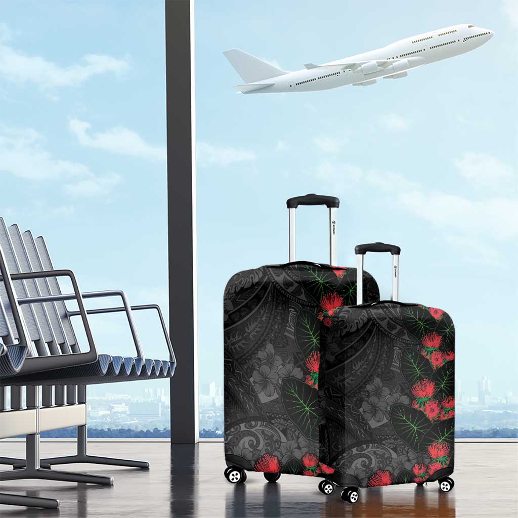 Hawaiian Taro Leaves and Ohia Lehua Luggage Cover Polynesian Tribal Art Tropical Plants Motifs Grayscale