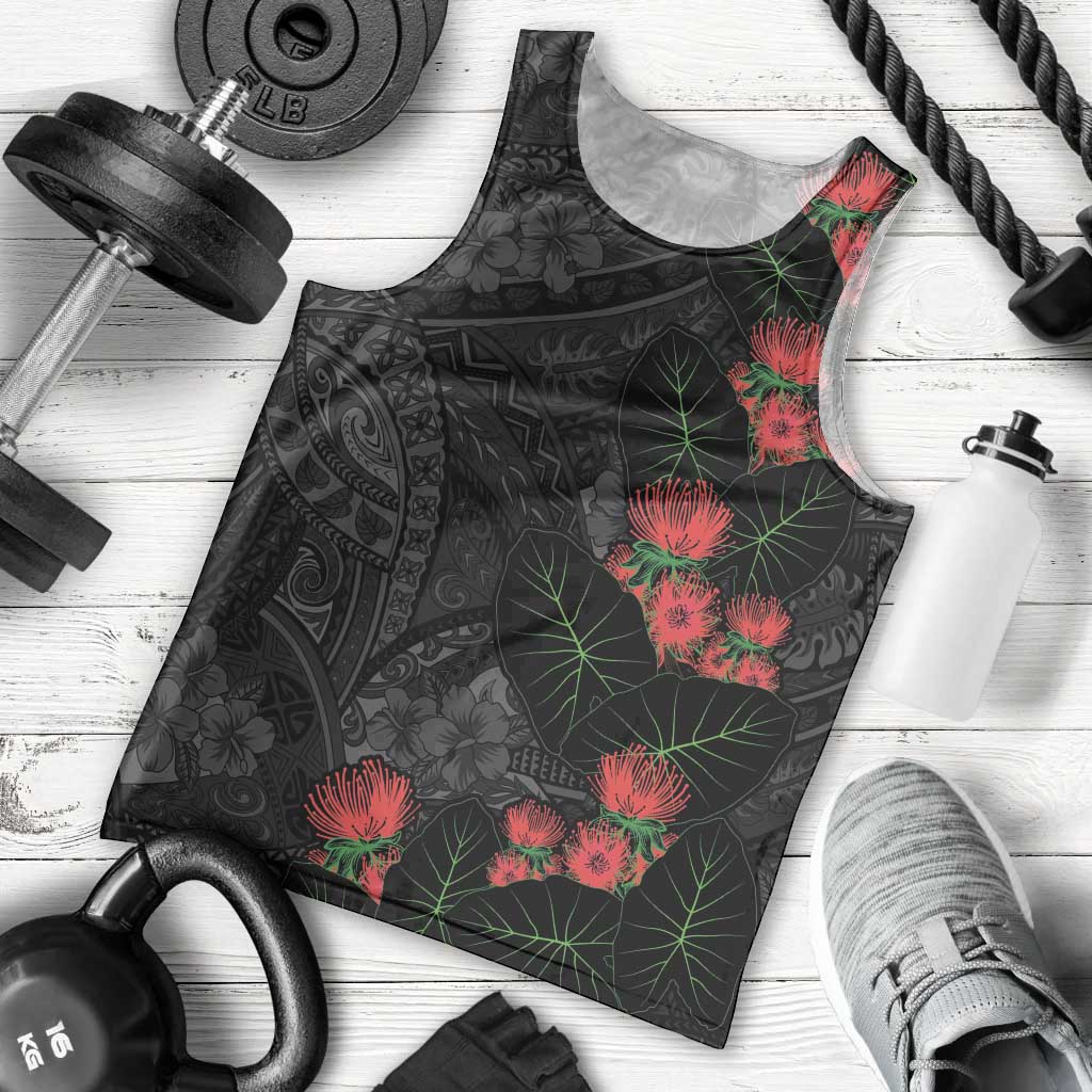 Hawaiian Taro Leaves and Ohia Lehua Men Tank Top Polynesian Tribal Art Tropical Plants Motifs Grayscale