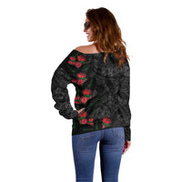 Hawaiian Taro Leaves and Ohia Lehua Off Shoulder Sweater Polynesian Tribal Art Tropical Plants Motifs Grayscale
