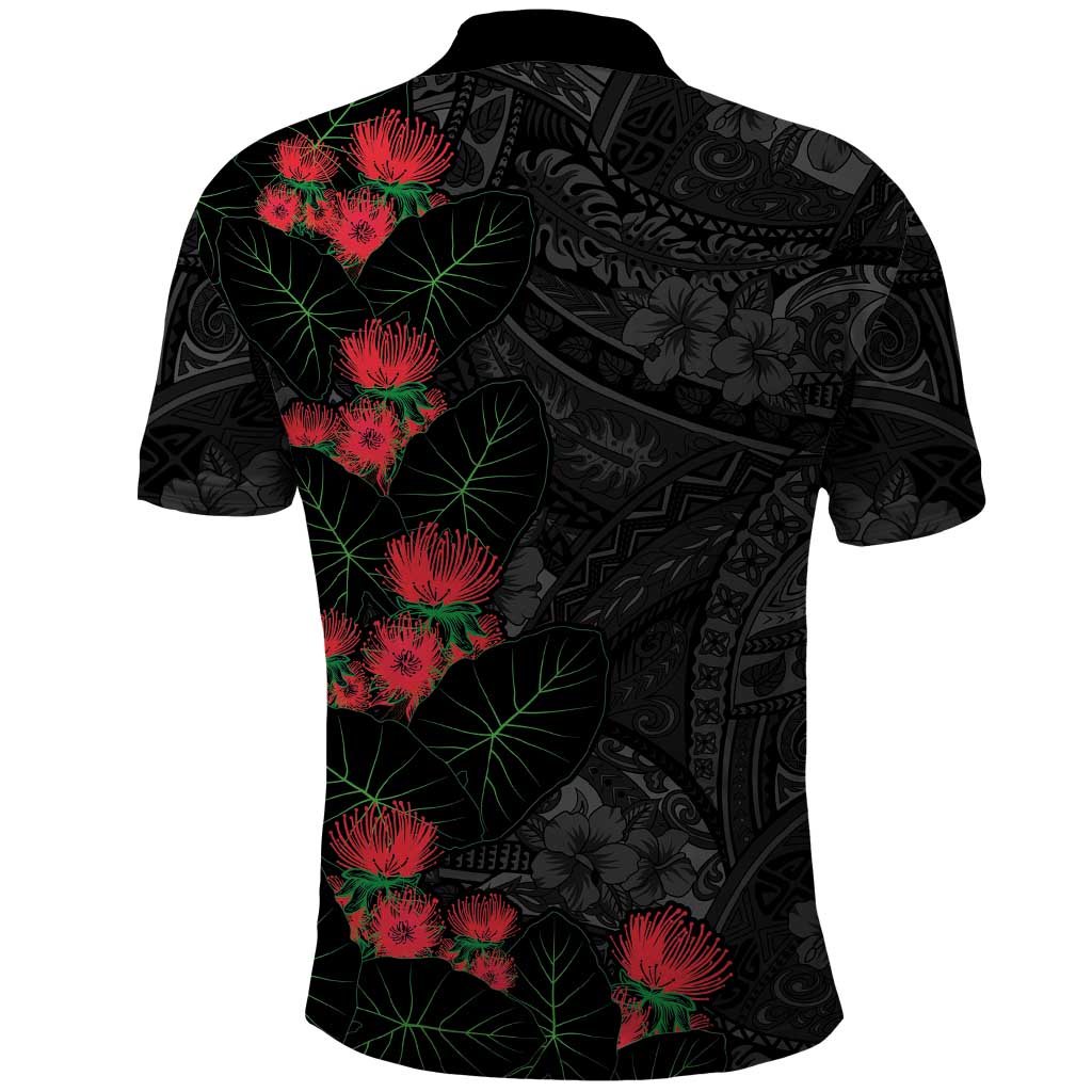 Hawaiian Taro Leaves and Ohia Lehua Polo Shirt Polynesian Tribal Art Tropical Plants Motifs Grayscale