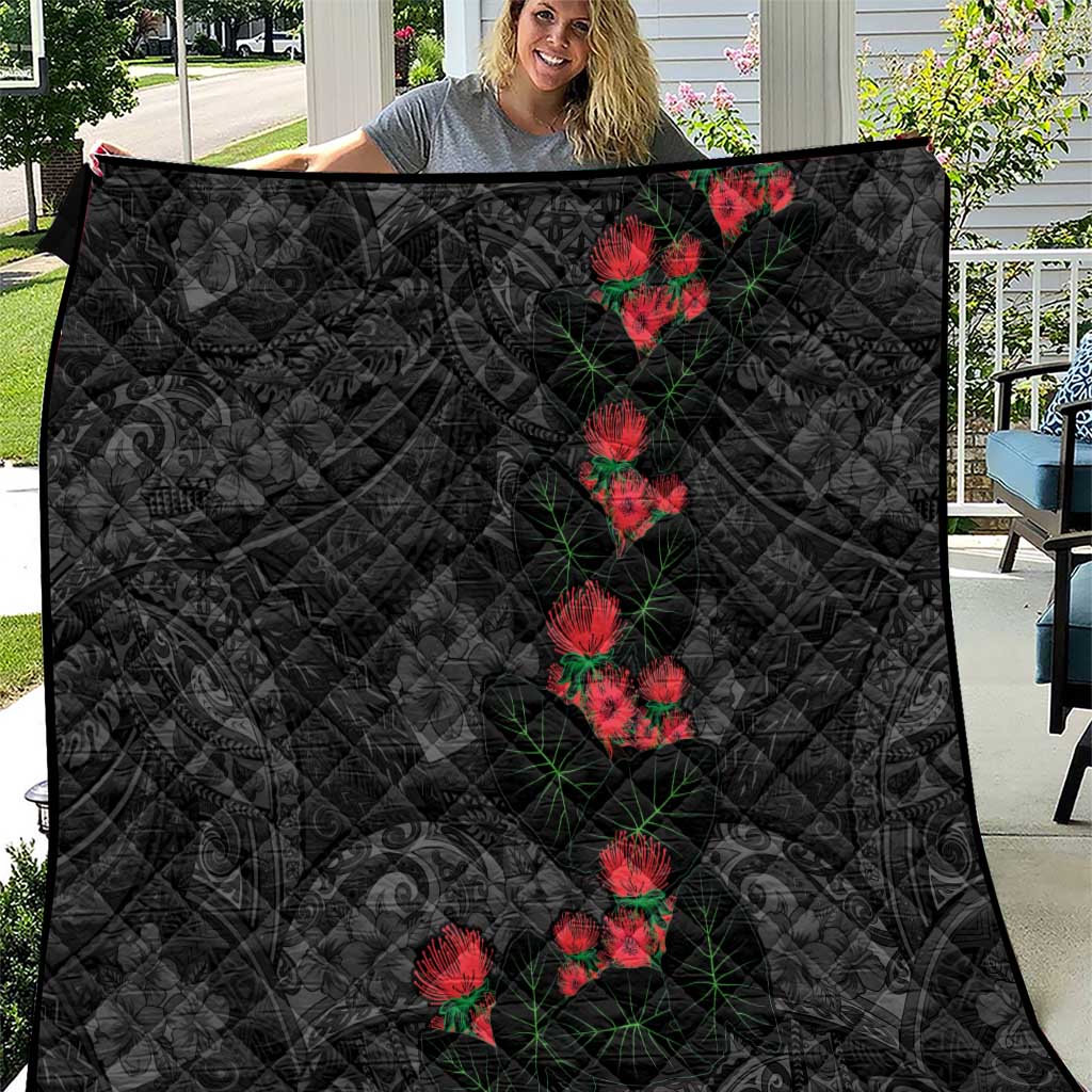 Hawaiian Taro Leaves and Ohia Lehua Quilt Polynesian Tribal Art Tropical Plants Motifs Grayscale