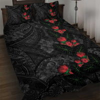 Hawaiian Taro Leaves and Ohia Lehua Quilt Bed Set Polynesian Tribal Art Tropical Plants Motifs Grayscale