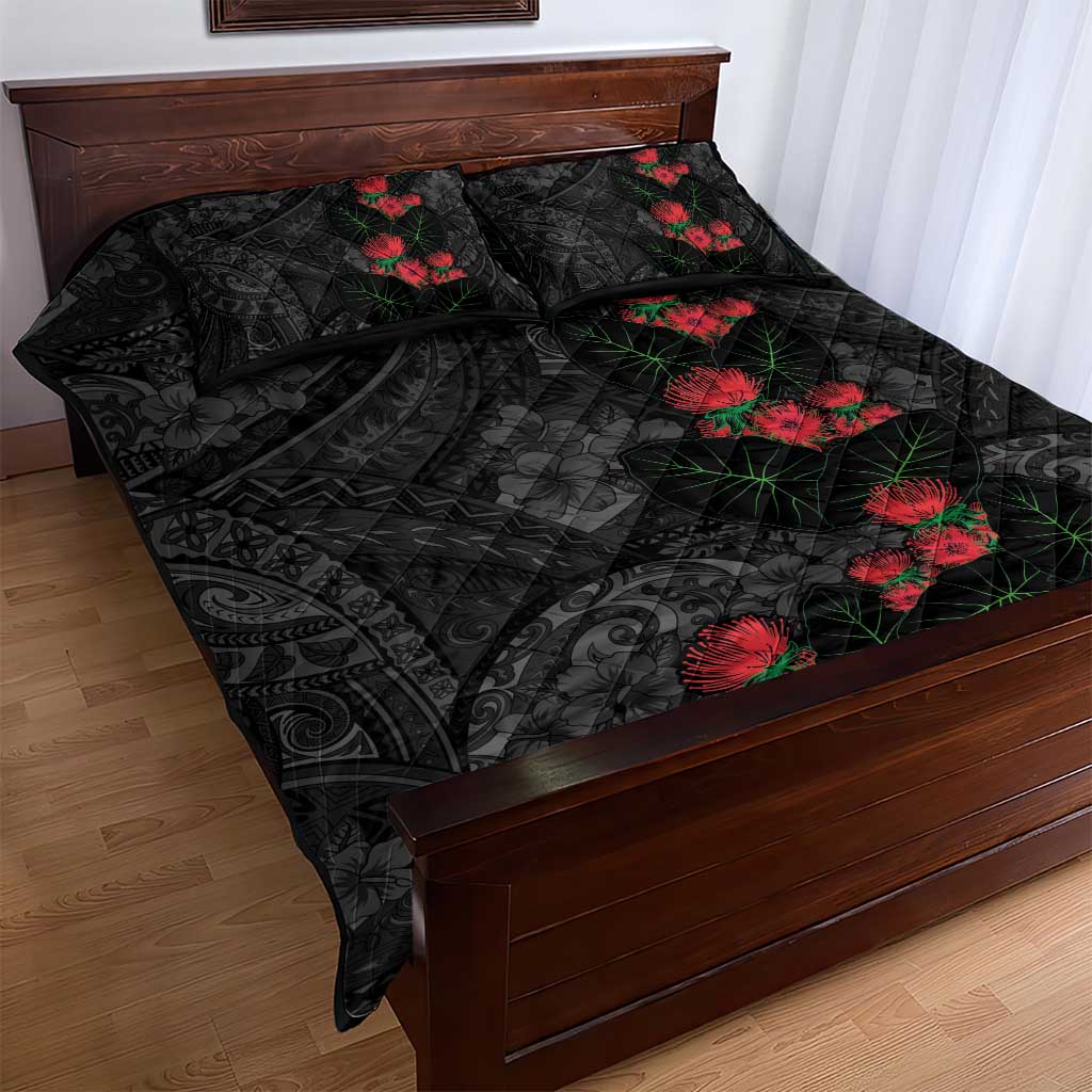 Hawaiian Taro Leaves and Ohia Lehua Quilt Bed Set Polynesian Tribal Art Tropical Plants Motifs Grayscale