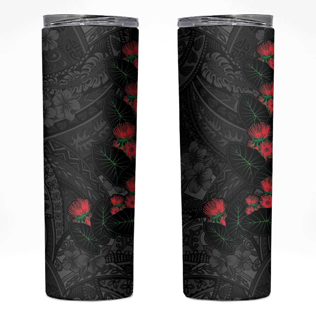 Hawaiian Taro Leaves and Ohia Lehua Skinny Tumbler Polynesian Tribal Art Tropical Plants Motifs Grayscale
