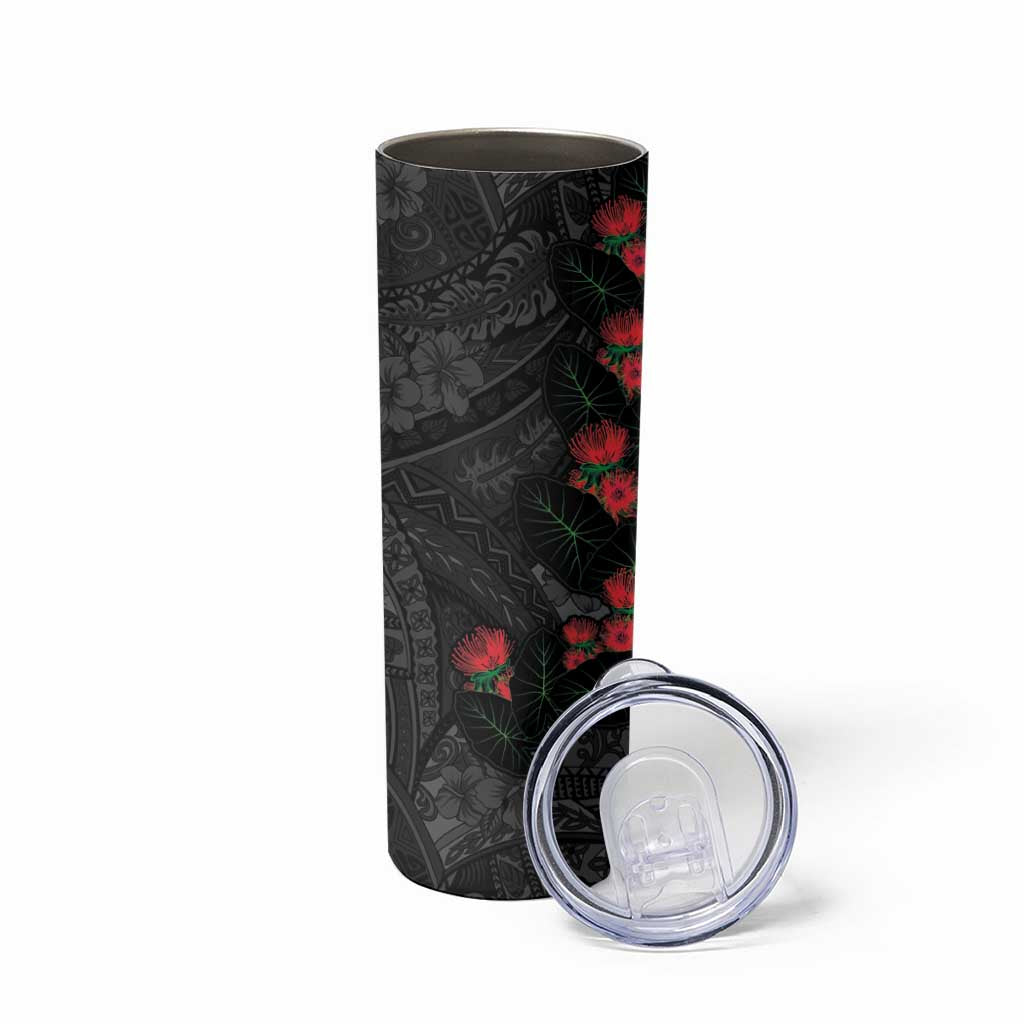 Hawaiian Taro Leaves and Ohia Lehua Skinny Tumbler Polynesian Tribal Art Tropical Plants Motifs Grayscale