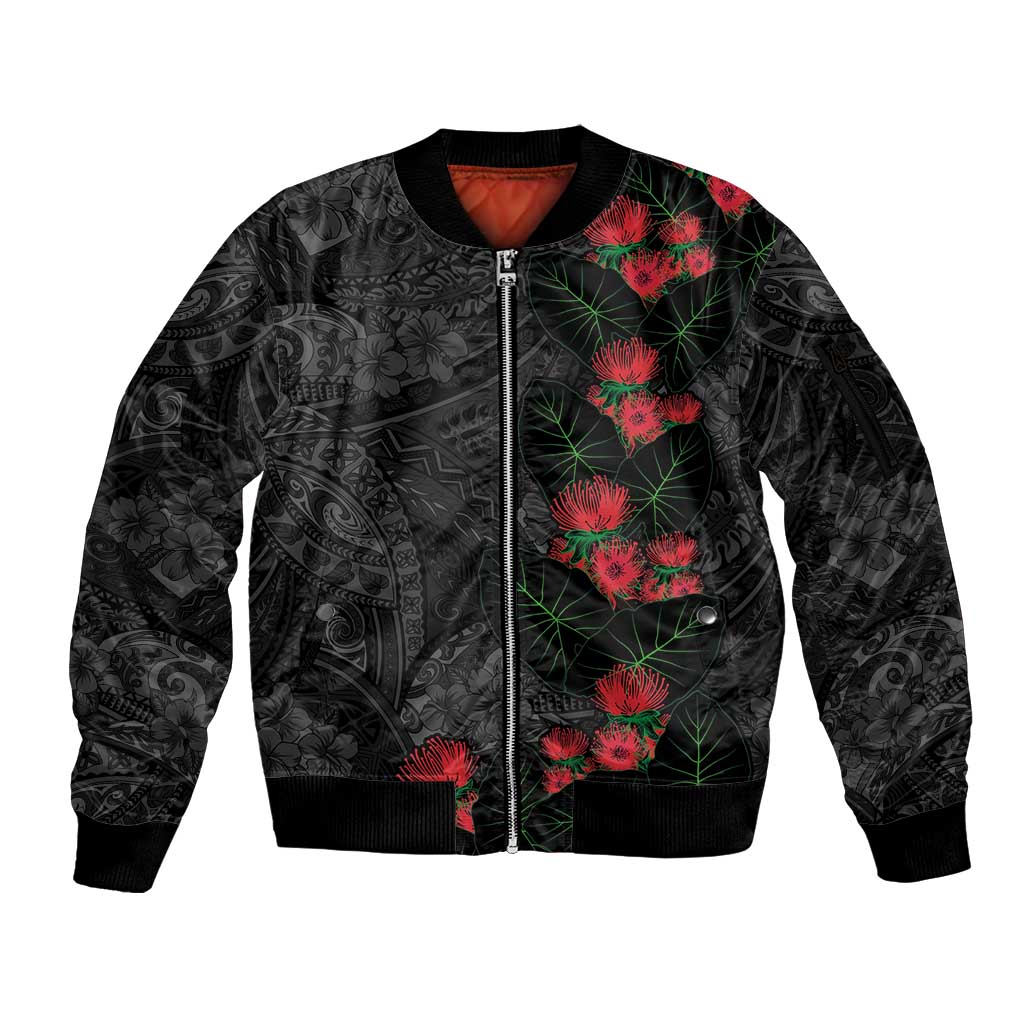 Hawaiian Taro Leaves and Ohia Lehua Sleeve Zip Bomber Jacket Polynesian Tribal Art Tropical Plants Motifs Grayscale