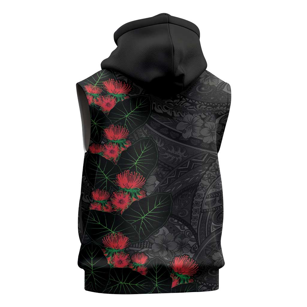 Hawaiian Taro Leaves and Ohia Lehua Sleeveless Hoodie Polynesian Tribal Art Tropical Plants Motifs Grayscale