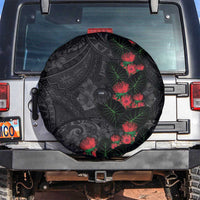 Hawaiian Taro Leaves and Ohia Lehua Spare Tire Cover Polynesian Tribal Art Tropical Plants Motifs Grayscale