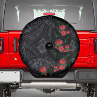 Hawaiian Taro Leaves and Ohia Lehua Spare Tire Cover Polynesian Tribal Art Tropical Plants Motifs Grayscale