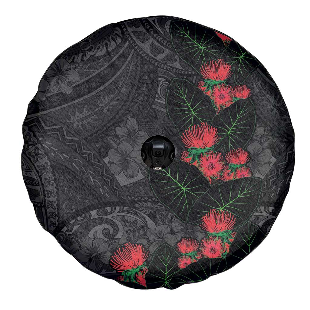 Hawaiian Taro Leaves and Ohia Lehua Spare Tire Cover Polynesian Tribal Art Tropical Plants Motifs Grayscale
