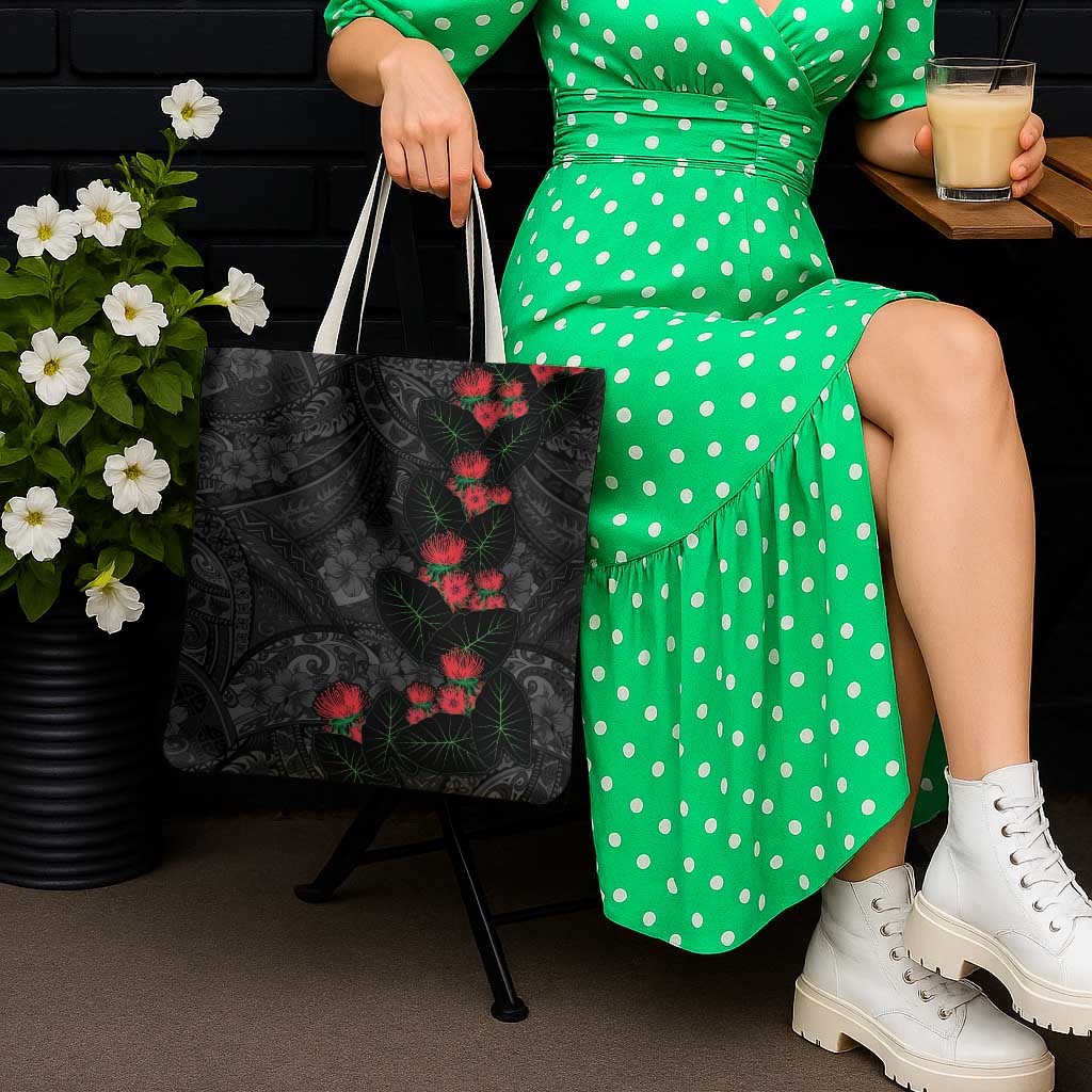 Hawaiian Taro Leaves and Ohia Lehua Tote Bag Polynesian Tribal Art Tropical Plants Motifs Grayscale