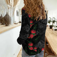 Hawaiian Taro Leaves and Ohia Lehua Women Casual Shirt Polynesian Tribal Art Tropical Plants Motifs Grayscale
