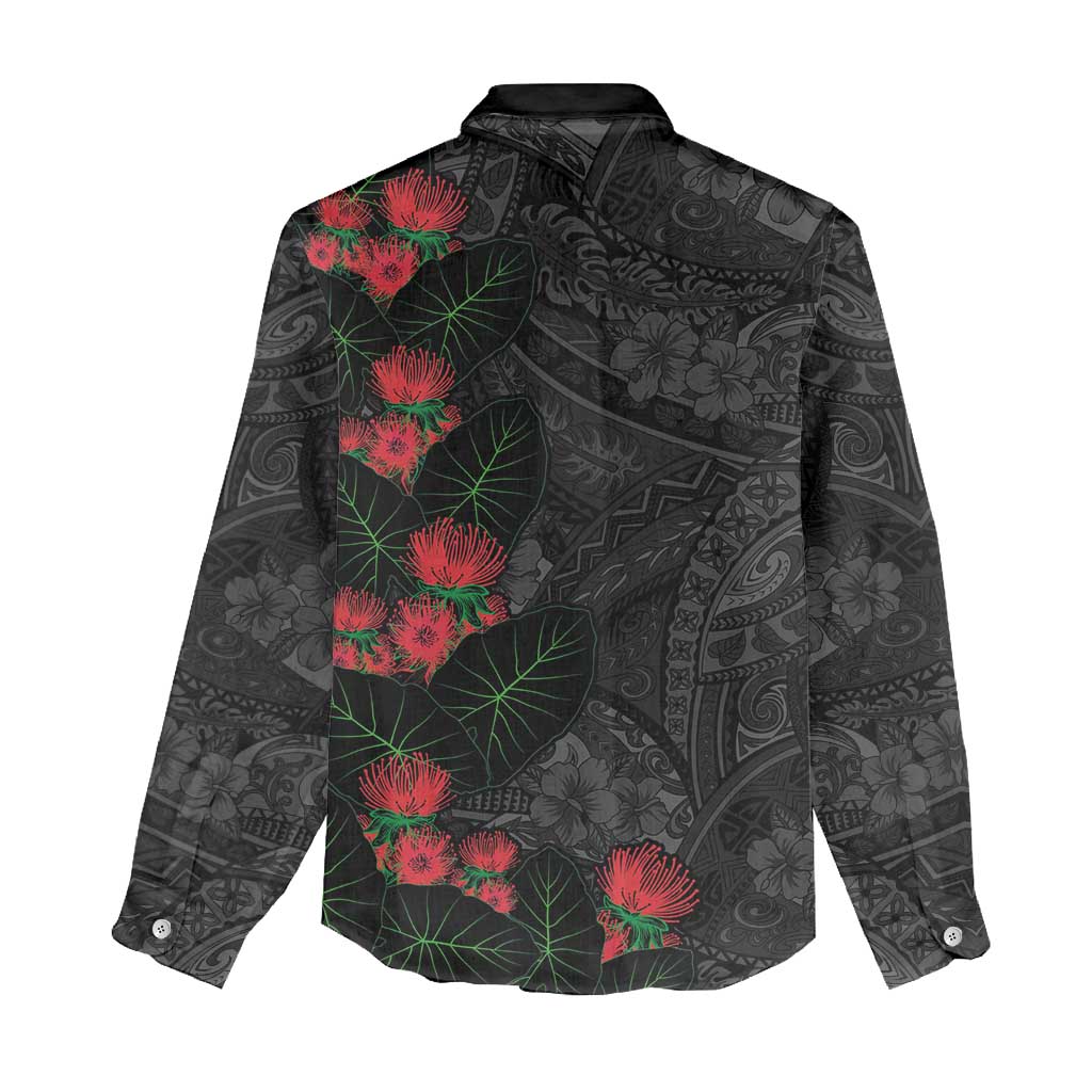 Hawaiian Taro Leaves and Ohia Lehua Women Casual Shirt Polynesian Tribal Art Tropical Plants Motifs Grayscale