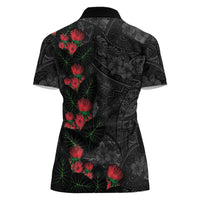 Hawaiian Taro Leaves and Ohia Lehua Women Polo Shirt Polynesian Tribal Art Tropical Plants Motifs Grayscale